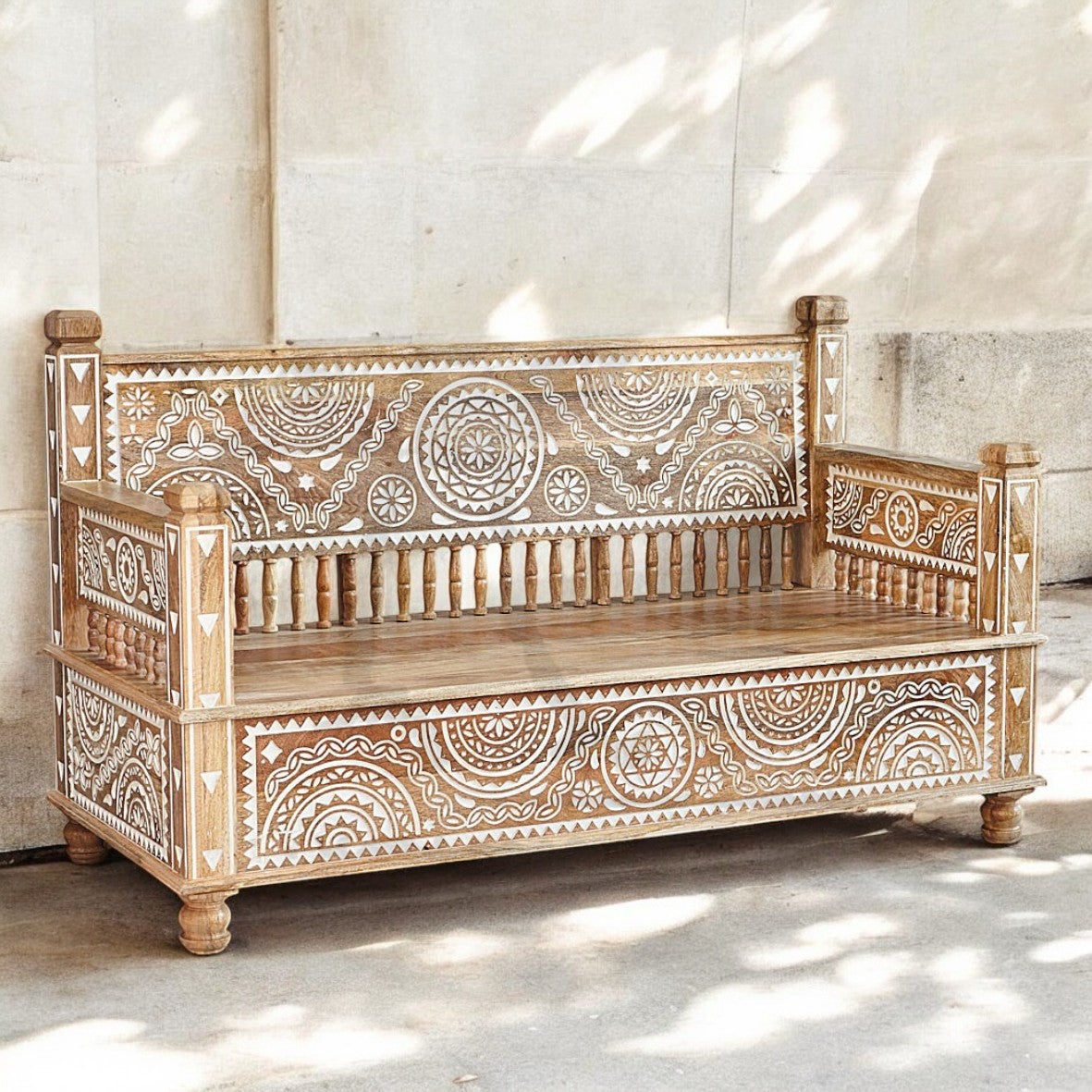 The Maharaja Wooden Sofa Set | 3+2+1 Handmade Mango Wood Seating ( White Engraving )