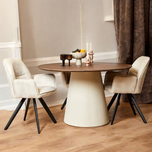 Elegant dining table in a modern dining room setup.