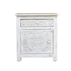 hand carved bedside table, mango wood bedside table, whitewashed bedside table, nightstand, 1 drawer bedside table, 1 door bedside table, lotus carved bedside table, medallion bedside table, indian carved furniture, bedroom bedside table, bedroom nightstand, bedside storage, handmade bedside table, artisan made nightstand, premium wood bedside table, quality wood furniture, durable nightstand, sturdy bedside table, timeless nightstand, elegant bedside table, heirloom nightstand, coastal bedside table, shabb
