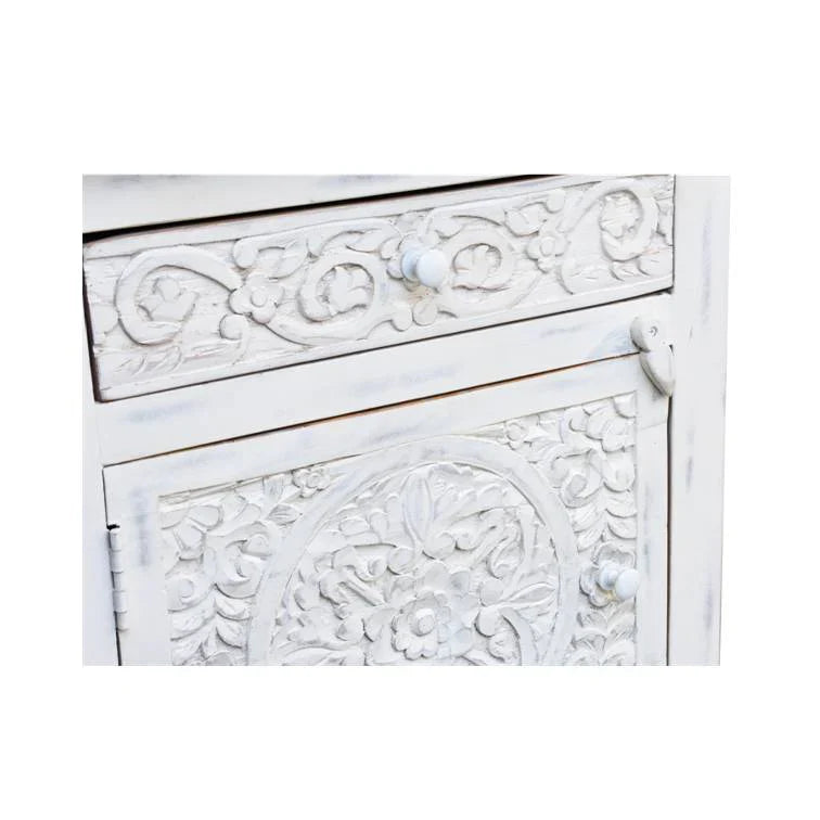hand carved bedside table, mango wood bedside table, whitewashed bedside table, nightstand, 1 drawer bedside table, 1 door bedside table, lotus carved bedside table, medallion bedside table, indian carved furniture, bedroom bedside table, bedroom nightstand, bedside storage, handmade bedside table, artisan made nightstand, premium wood bedside table, quality wood furniture, durable nightstand, sturdy bedside table, timeless nightstand, elegant bedside table, heirloom nightstand, coastal bedside table, shabb