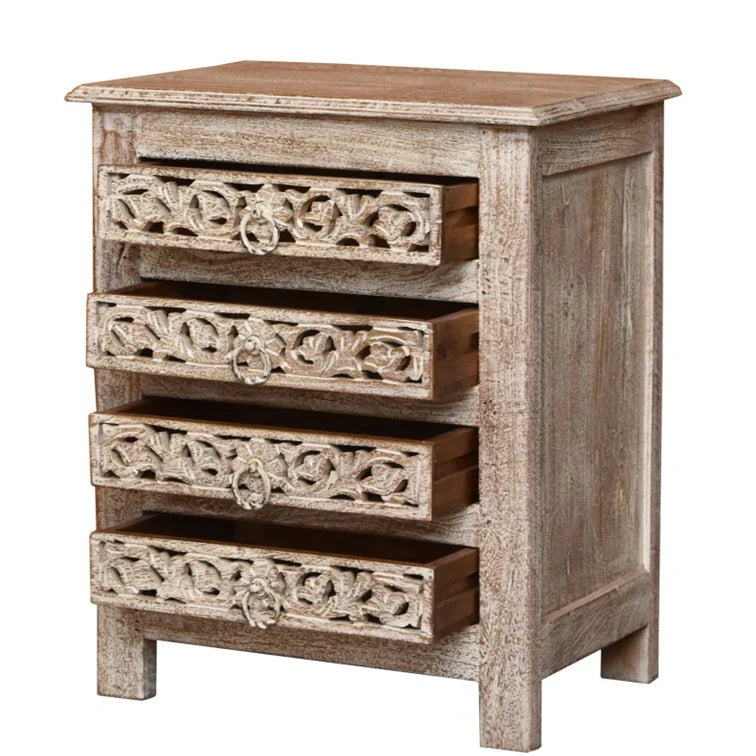 hand carved bedside table, mango wood bedside table, distressed bedside table, nightstand, 4 drawer bedside table, scroll carved bedside table, openwork bedside table, indian carved furniture, bedroom bedside table, bedroom nightstand, bedside storage, compact bedside table, handmade bedside table, artisan made nightstand, premium wood bedside table, quality wood furniture, durable nightstand, sturdy bedside table, timeless nightstand, elegant bedside table, heirloom nightstand, coastal bedside table, shabb