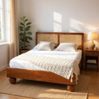 Thread Loom Queen Bed | Handcrafted Acacia Wood Bed with Thread-Woven Headboard | Living Furn India