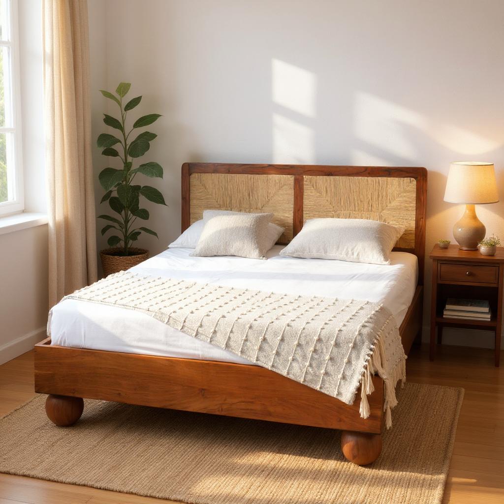 Thread Loom Queen Bed | Handcrafted Acacia Wood Bed with Thread-Woven Headboard | Living Furn India
