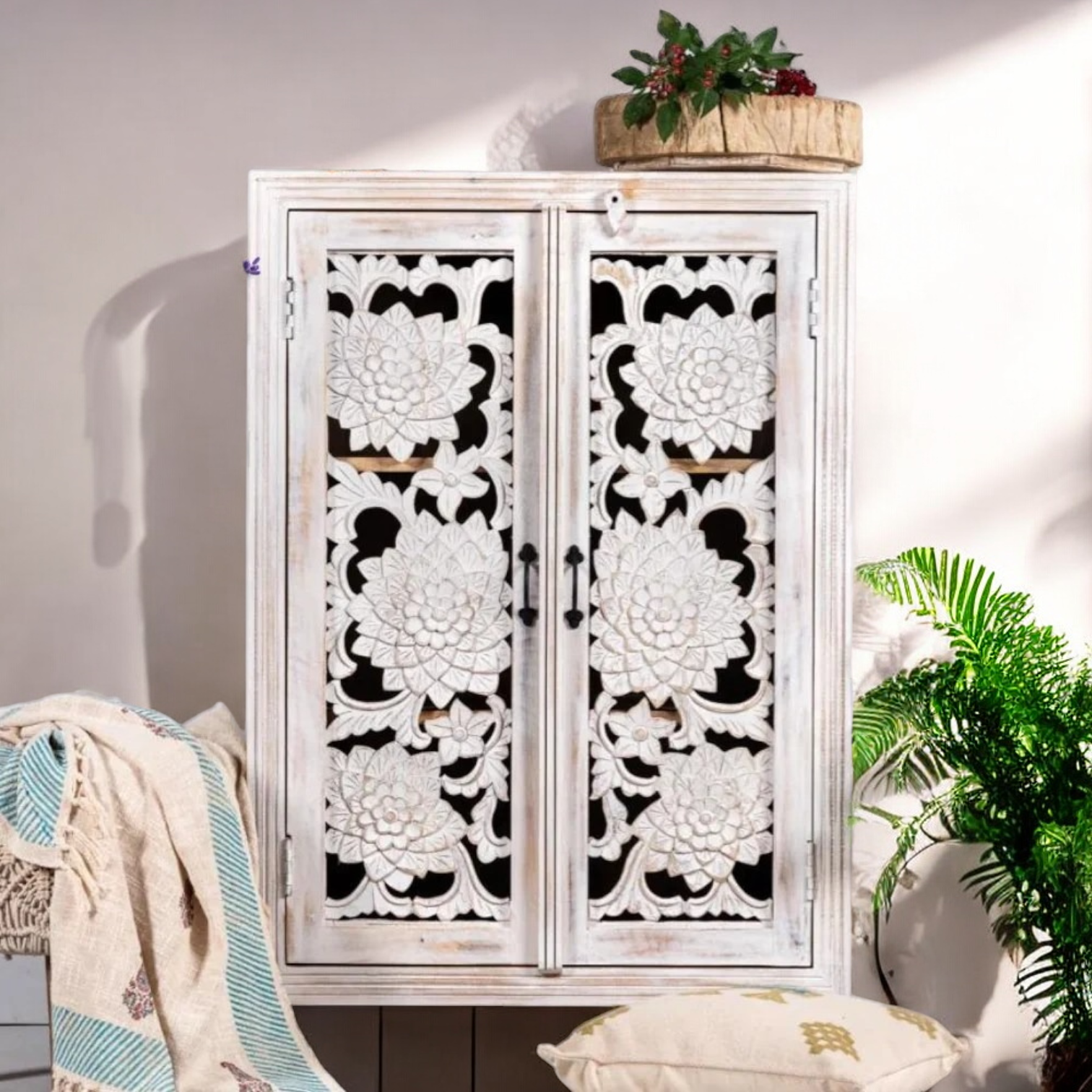 White Rustic Two Carving Door Cabinet Solid Wood - solid wooden cabinet