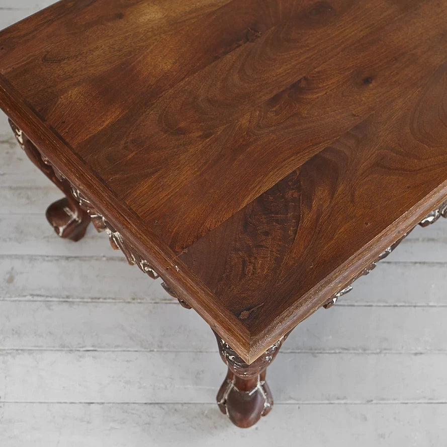 Hand‑Carved Mango Wood Coffee Table — Cabriole Legs, Floral Apron Carving, 91 × 60 × 47 cm