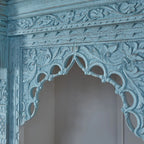 Hand‑Carved Mango Wood Jharokha Bookcase — Blue Distressed Open Shelving, 187 × 80 × 48 cm