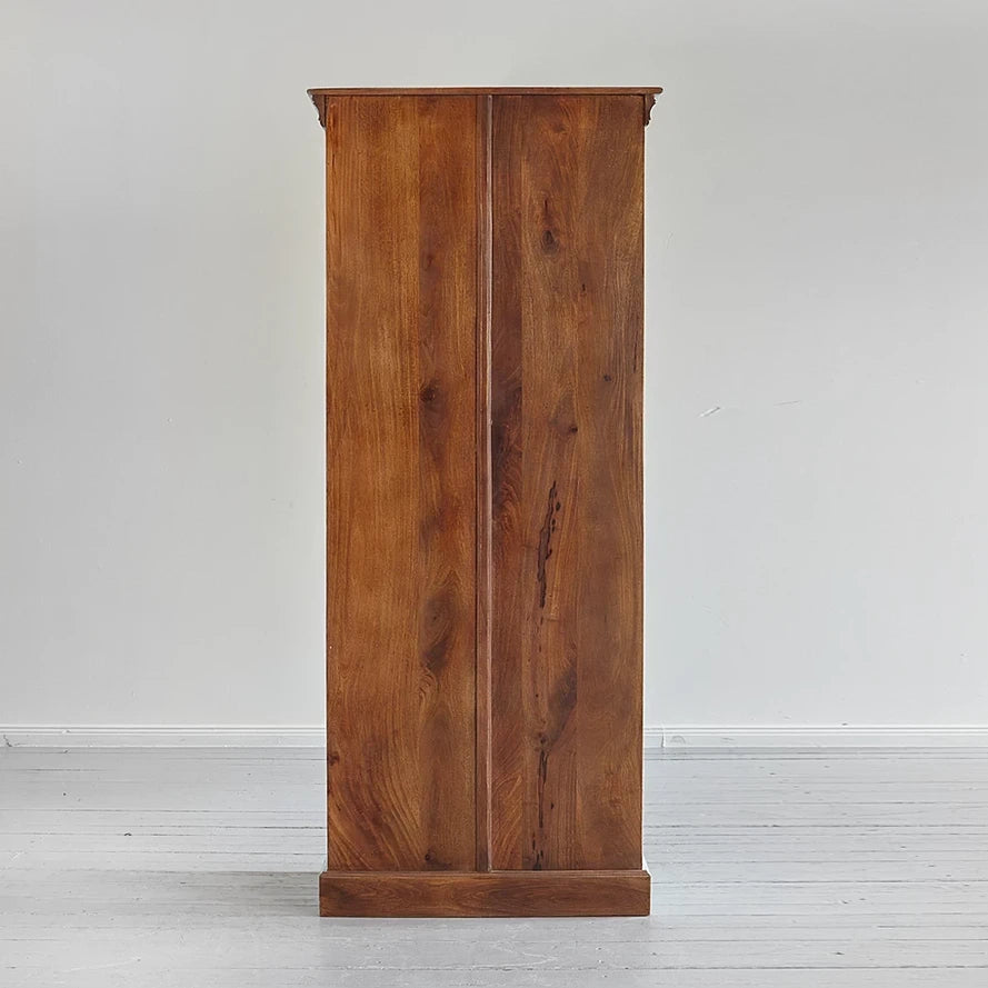 Hand‑Carved Mango Wood Jharokha Bookcase — Blue Distressed Open Shelving, 187 × 80 × 48 cm