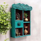 Vintage Blue Hand Carved Wooden Wall Shelf Cabinet - Ornate Jharokha-Style Display Unit