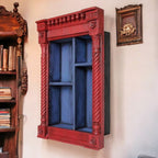 Vintage Red Hand Carved Wooden Wall Shelf Cabinet – Antique Jharokha-Style Display Unit