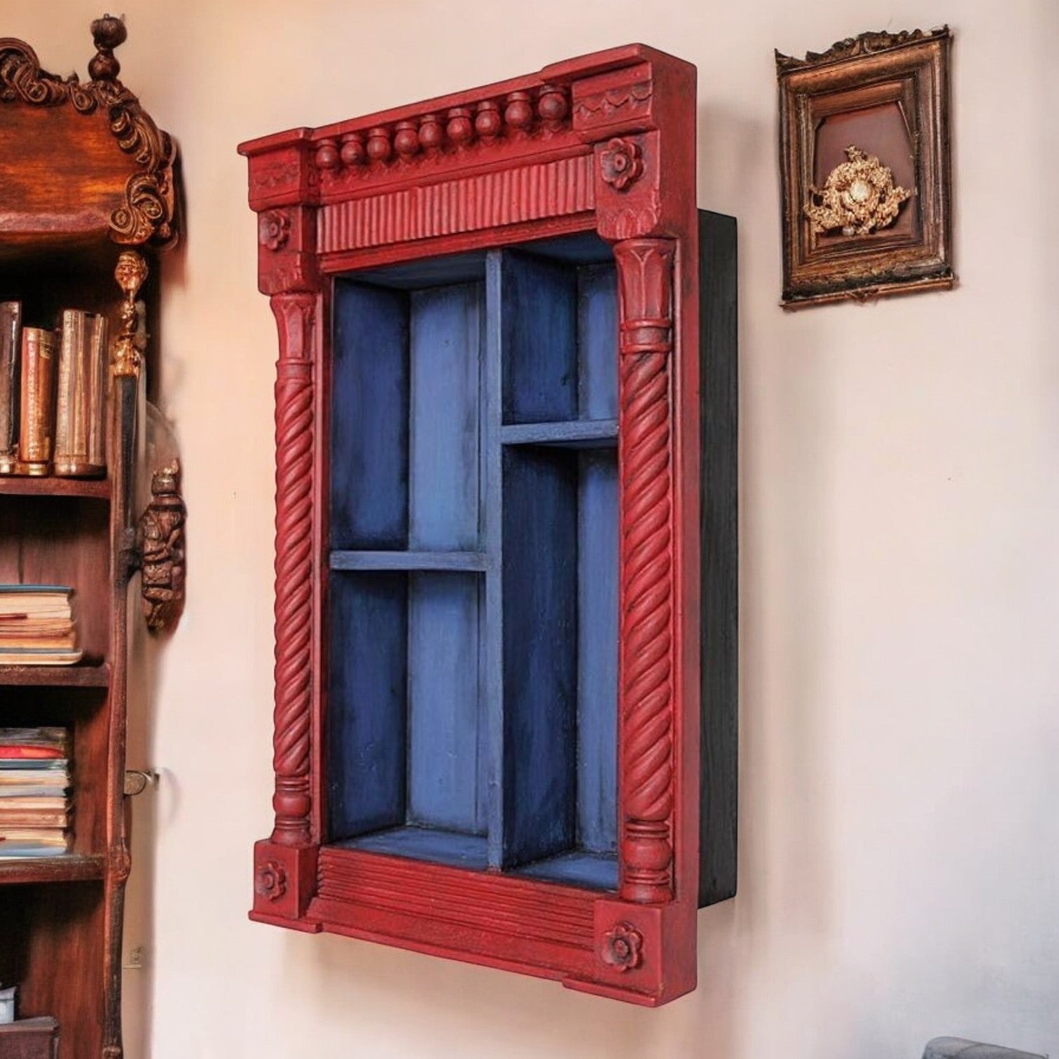 Vintage Red Hand Carved Wooden Wall Shelf Cabinet – Antique Jharokha-Style Display Unit