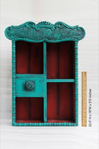 Vintage Blue Hand Carved Wooden Wall Shelf Cabinet - Ornate Jharokha-Style Display Unit