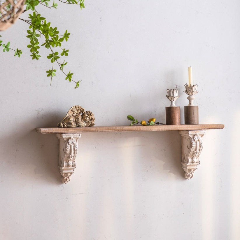 Rustic Large Wooden Wall Shelf – Handcarved Decorative Shelf for Living Room & Bedroom