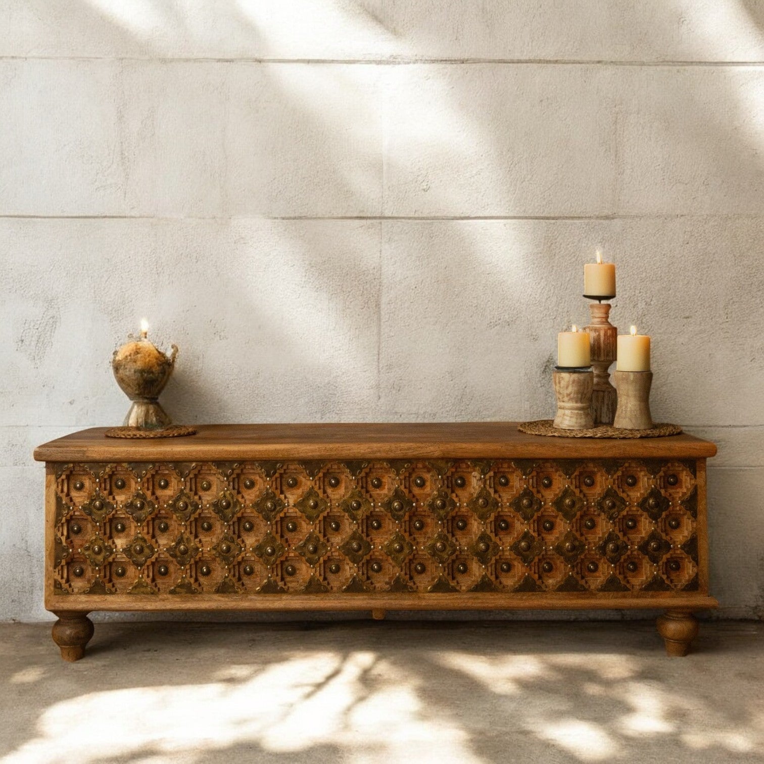 Hand-carved mango wood chest with brass inlay, walnut natural wood finish, and intricate detailing.
