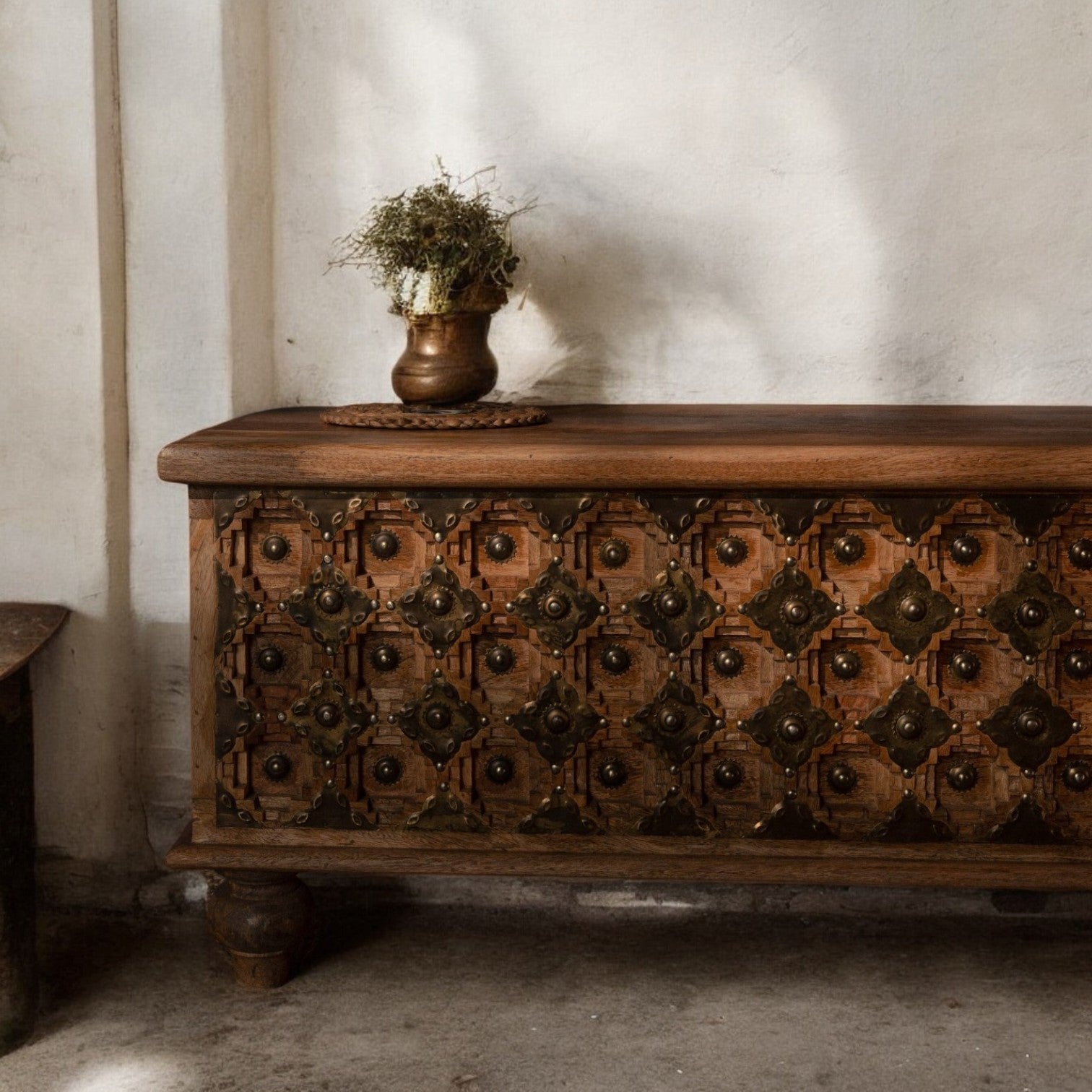 Decorative Wooden Chest with Brass Inlay - Walnut Finish