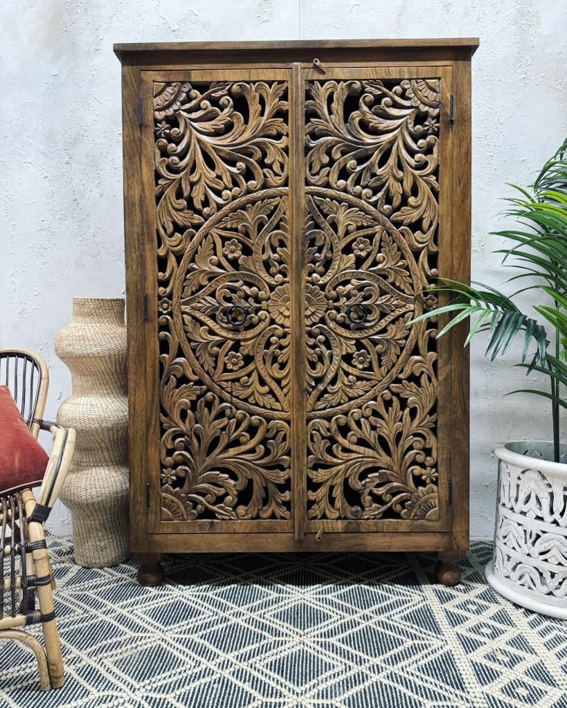 Hand-Carved Mango Wood Wardrobe – Natural Polished Finish with Floral Detailing