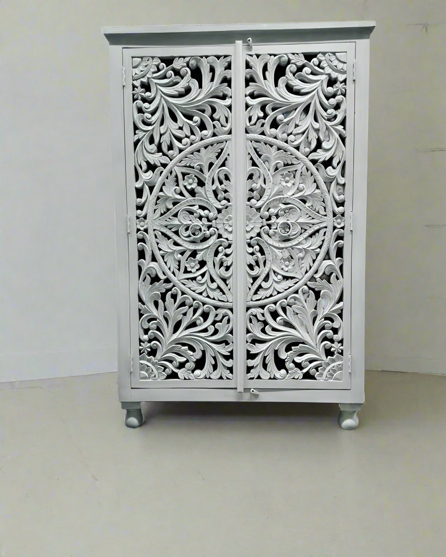 Hand-Carved Mango Wood Wardrobe – Whitewashed Finish with Floral Detailing