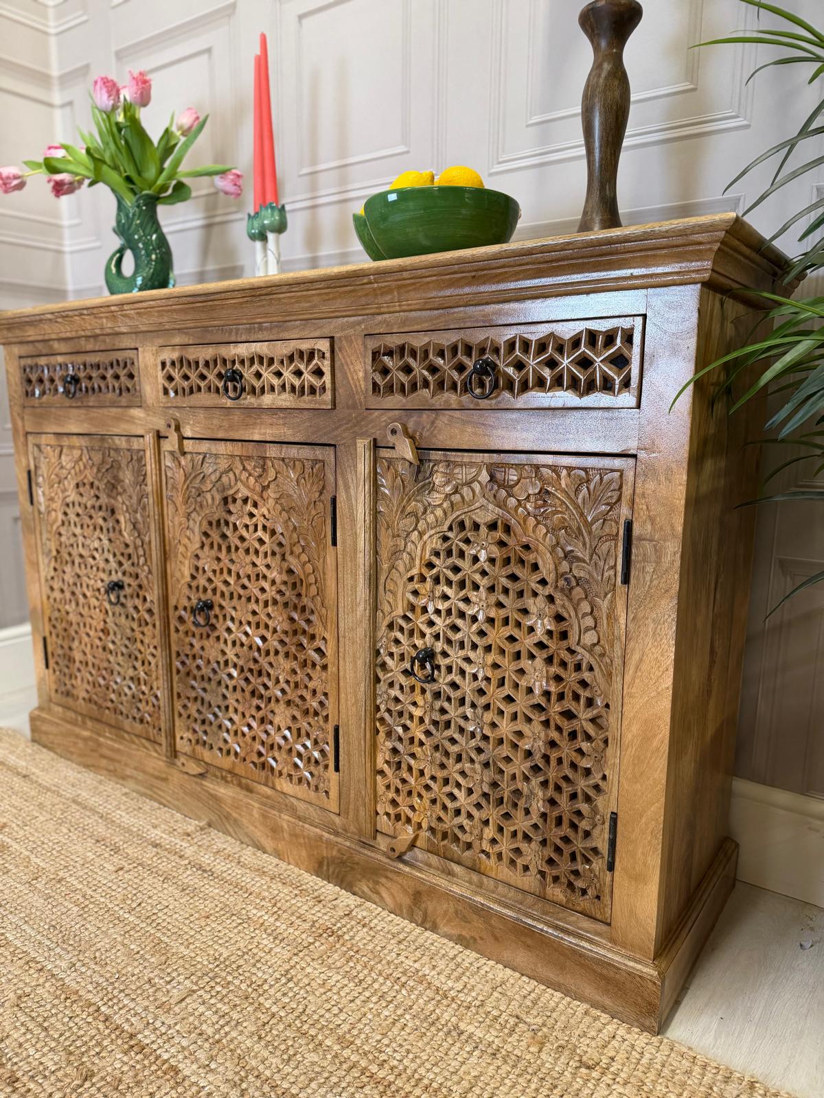 Three Door & Three Drawer Mango Wood Sideboard — Natural Polished Finish