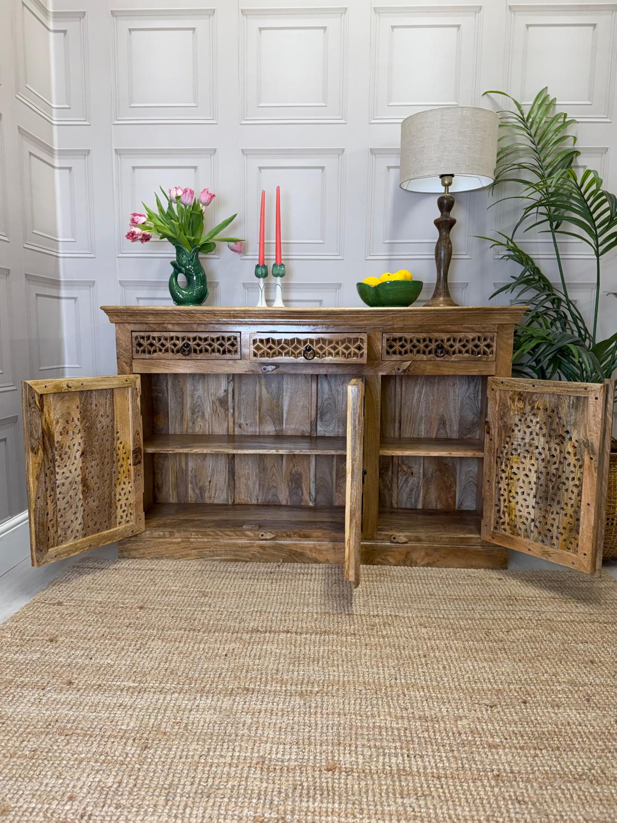 Three Door & Three Drawer Mango Wood Sideboard — Natural Polished Finish