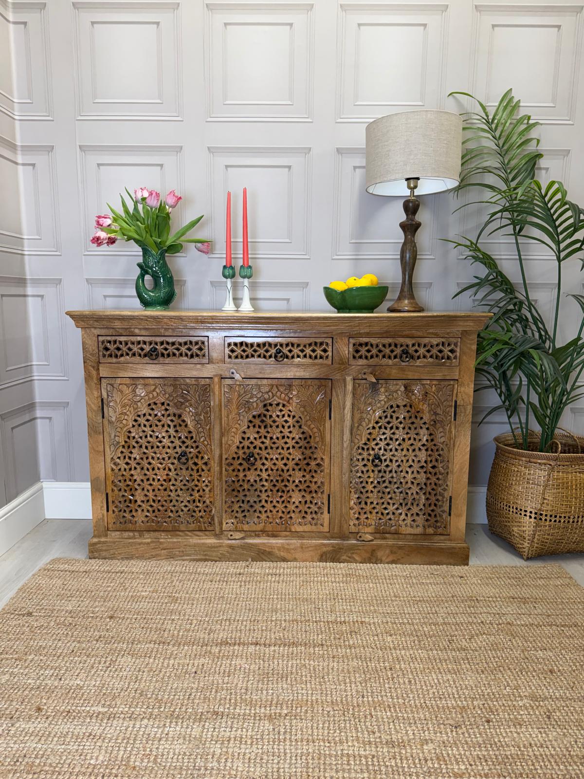 Three Door & Three Drawer Mango Wood Sideboard — Natural Polished Finish
