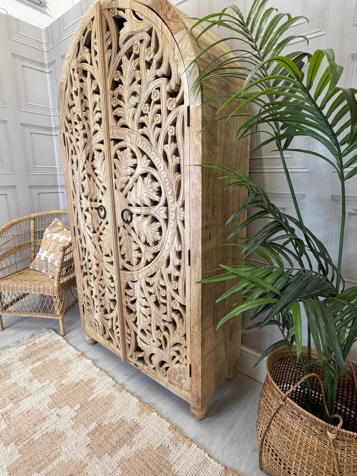 Arched Hand-Carved Mango Wood Armoire – Light Natural Finish with Floral Detailing