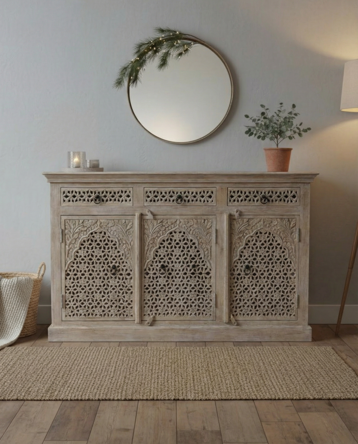 Three Door Three Drawer Mango Wood Sideboard – Creamwashed Jali Design