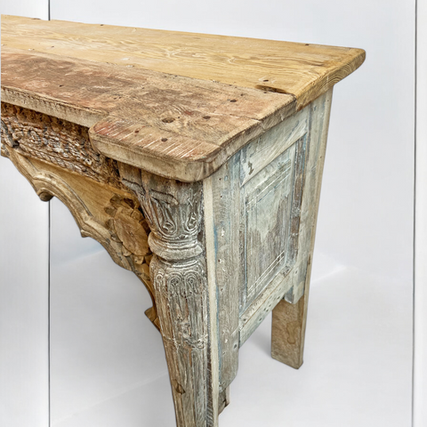 Beautiful Architectural Old White Rustic Carving Console Table