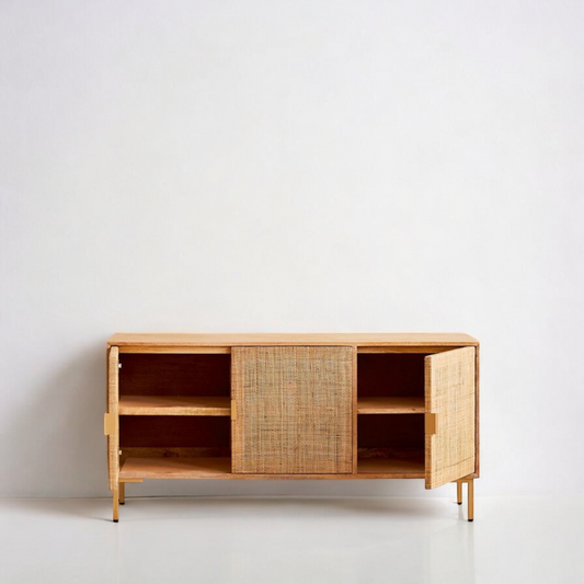 Natural Rattan and Solid Wood 3-Door Cabinet