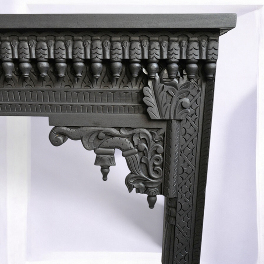 Architectural Black Hand Carved Solid Wood Console Table