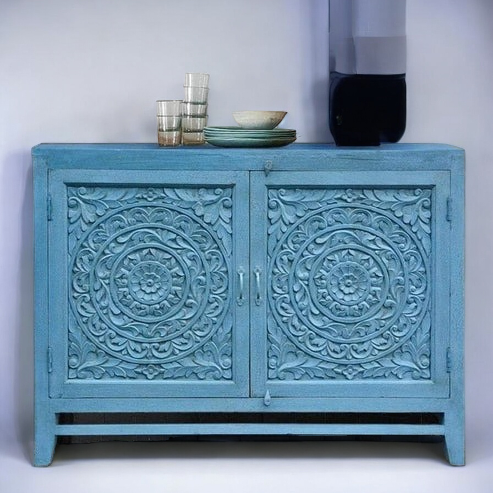 Blue Rustic Hand Carved 2Door Cabinet Solid Wood