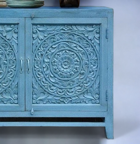 Blue Rustic Hand Carved 2Door Cabinet Solid Wood