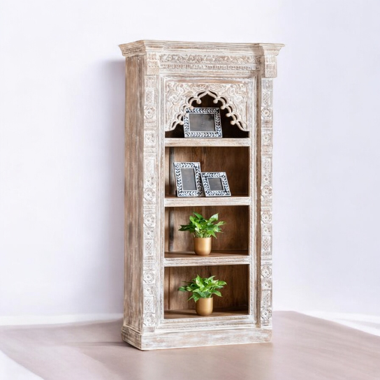 Bookrack with modern design showcasing wooden bookcase and book cabinet on display, featuring stylish book shelves for storage.

