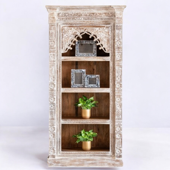 Wood bookcase and bookcase shelving unit arranged for organizing books, with a corner bookcase and floating book shelves above.
