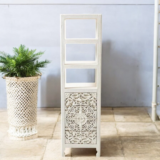 White Wood Bookcase: "Elegant white wood bookcase perfect for storing books and decor in any room."
