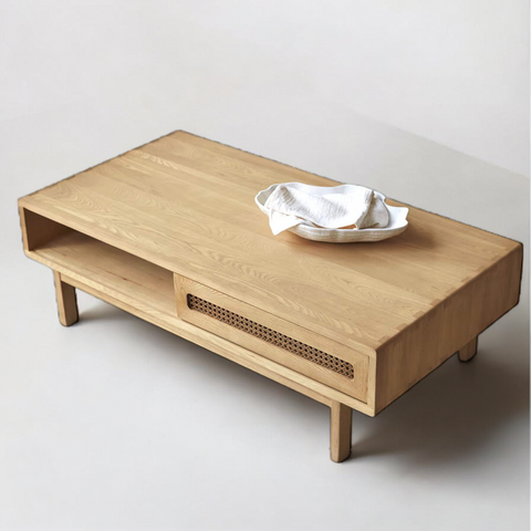 Wooden center table with ample storage compartments and a modern aesthetic.
