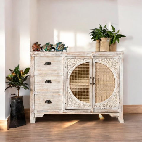 White Rustic Carving Three Drawer Two Door Rattan