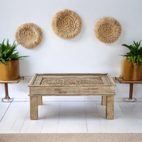 Rustic Elegance Meets Modern Functionality/Unique and Contemporary Designs/Hand Carving Top White Rustic Solid Wood Coffee Table