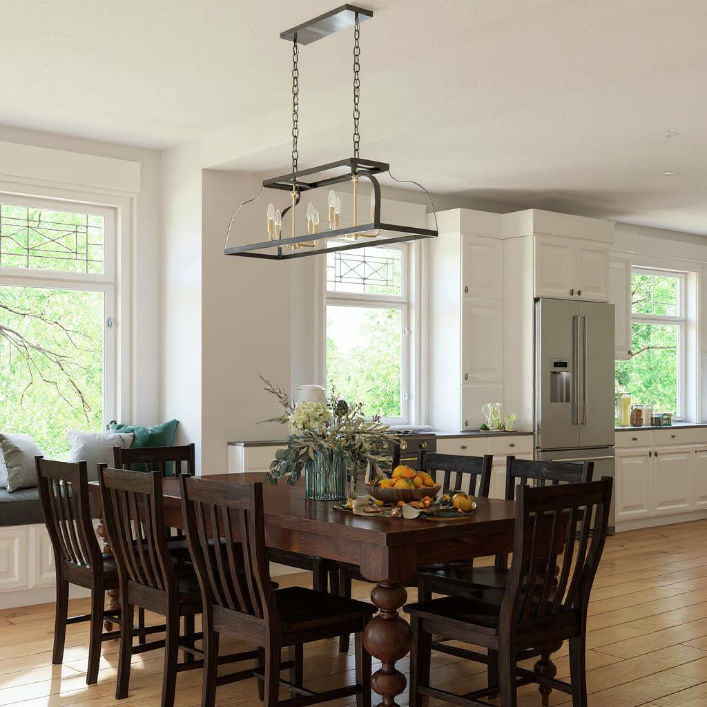 Dining room with wooden table and chairs, pendant light fixture, and kitchen in the background.