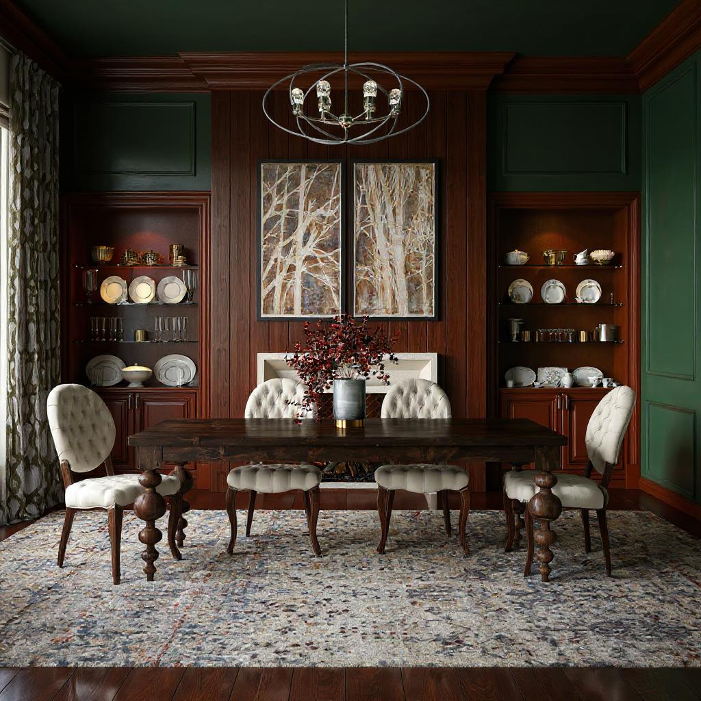 Dining room with wooden table and chairs, wall art, and decorative elements.
