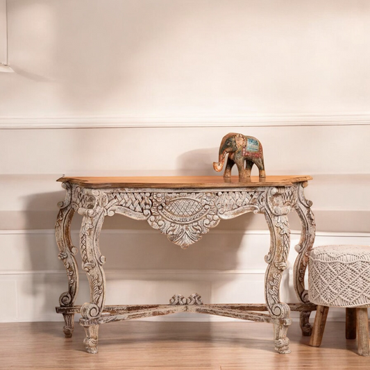 Rustic White Hand Carving Console Table