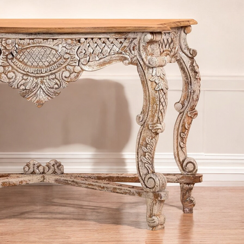 Rustic White Hand Carving Console Table