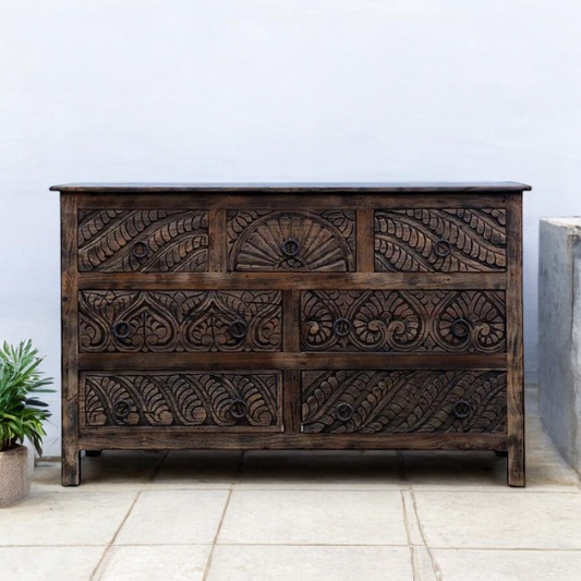 Dark Hand Carved Chest of Drawer