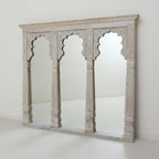 mango wood mirror, jharokha mirror, triple arch mirror, indian mirror, carved mirror, boho mirror, rustic white mirror, distressed mirror, whitewashed mirror, arched mirror, wall mirror, statement mirror, palace mirror, mughal arch, scalloped arch, floral carving, carved spandrels, turned pilasters, paneled crown, global eclectic, farmhouse boho, vintage inspired, artisan made, handcrafted in india, solid wood mirror, large wall mirror, console mirror, buffet mirror, living room mirror, hallway mirror, dini