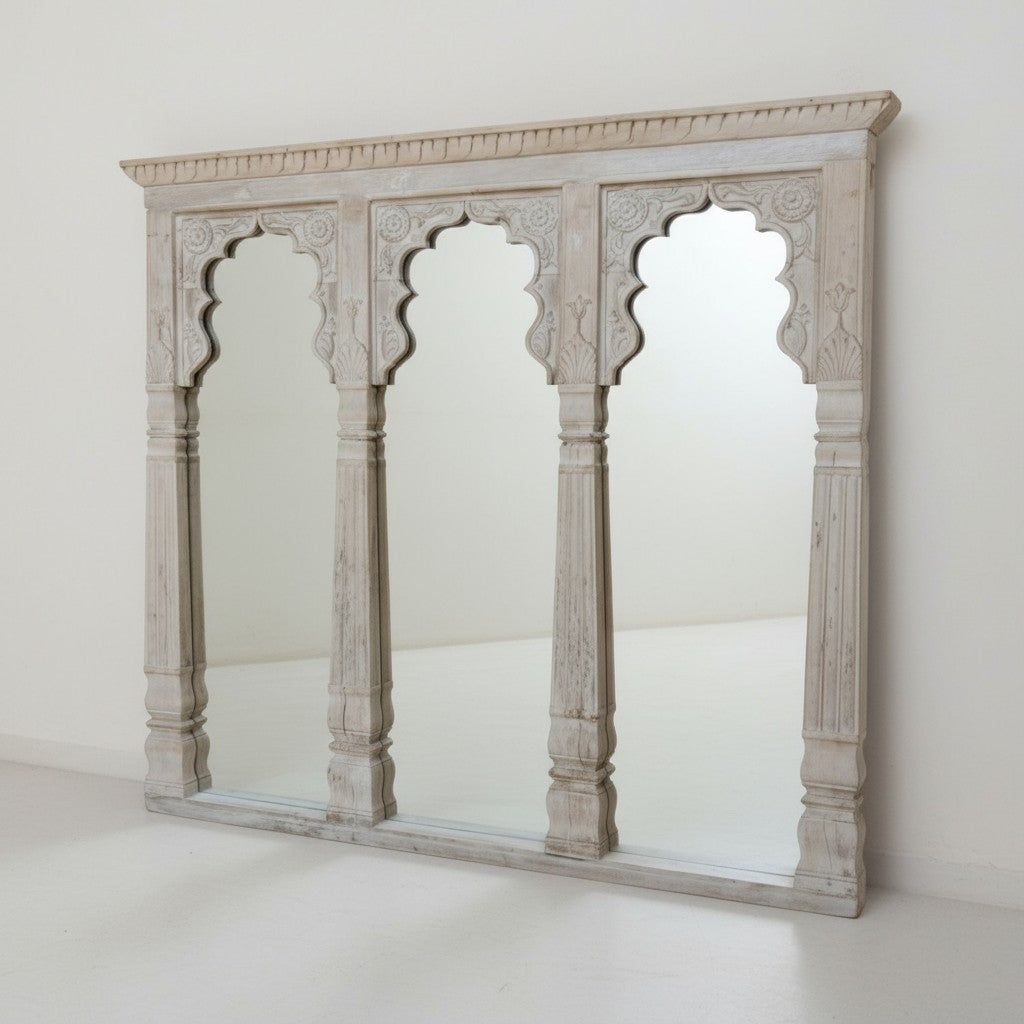mango wood mirror, jharokha mirror, triple arch mirror, indian mirror, carved mirror, boho mirror, rustic white mirror, distressed mirror, whitewashed mirror, arched mirror, wall mirror, statement mirror, palace mirror, mughal arch, scalloped arch, floral carving, carved spandrels, turned pilasters, paneled crown, global eclectic, farmhouse boho, vintage inspired, artisan made, handcrafted in india, solid wood mirror, large wall mirror, console mirror, buffet mirror, living room mirror, hallway mirror, dini