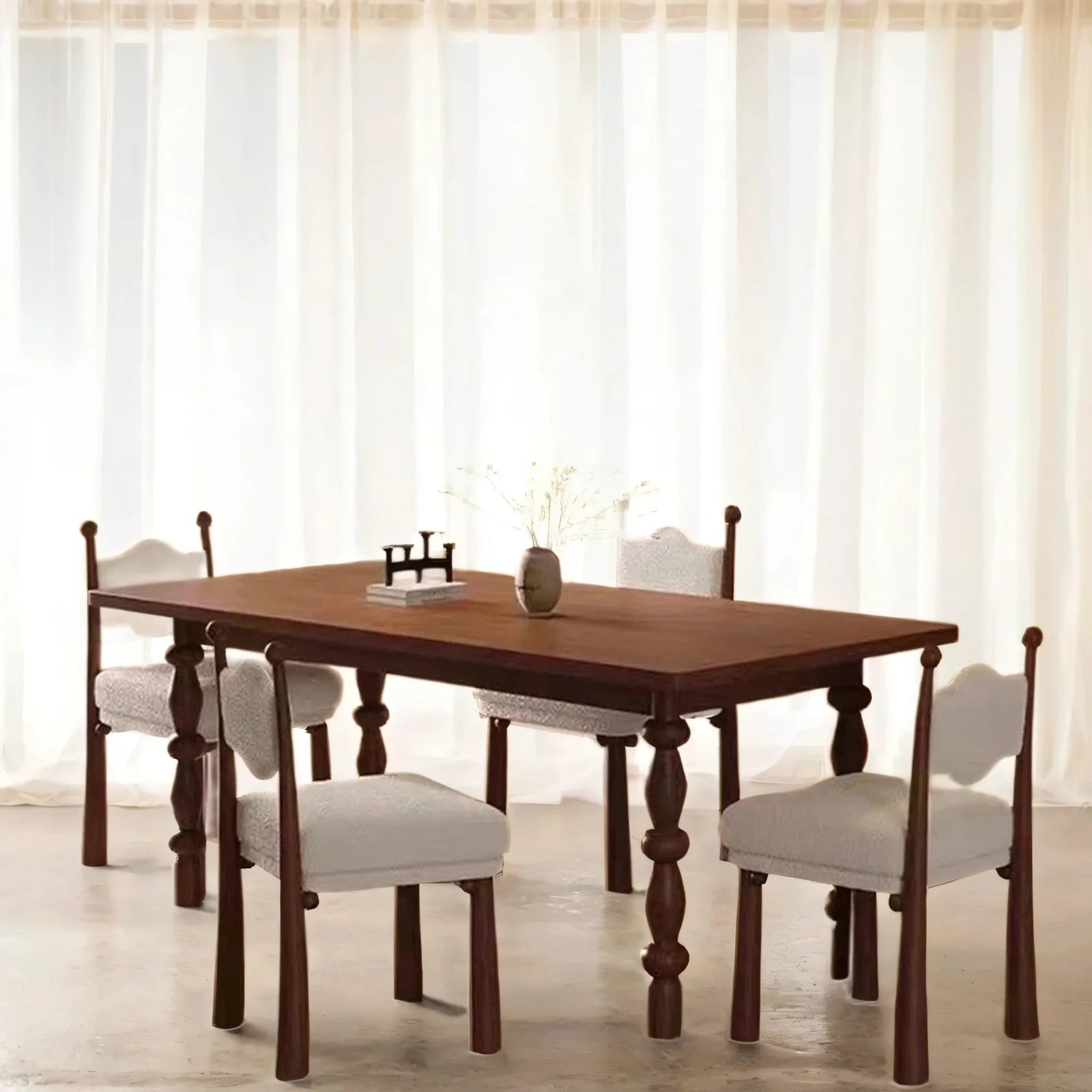 ModernaEra Mid Century Solid Wood Dining Set with Boucle Chairs – Versatile 4 & 6 Seater by Living Furn India