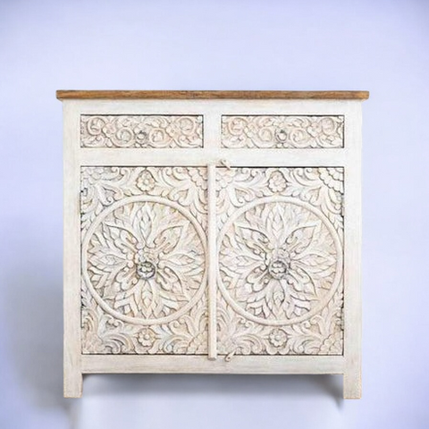 Distressed Floral Hand Carved Wooden Cabinet