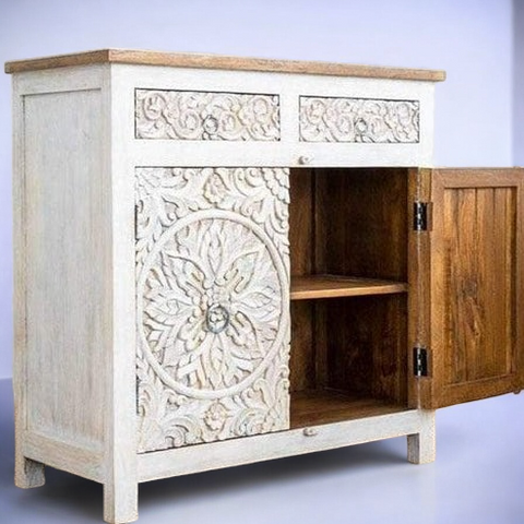 Distressed Floral Hand Carved Wooden Cabinet