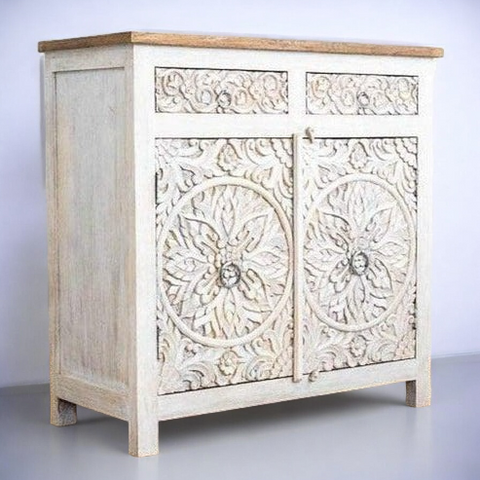 Distressed Floral Hand Carved Wooden Cabinet