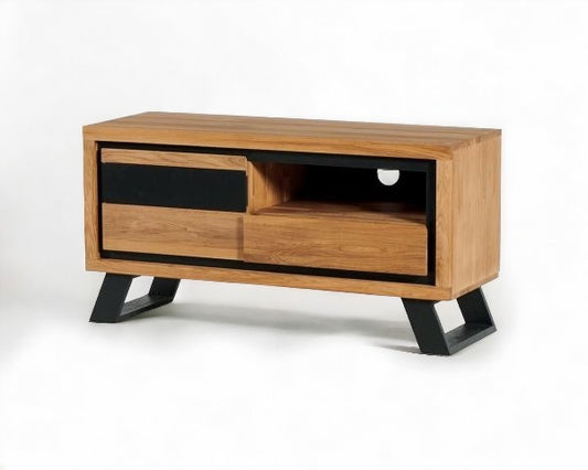 Small TV stand with storage and mid-century modern design,