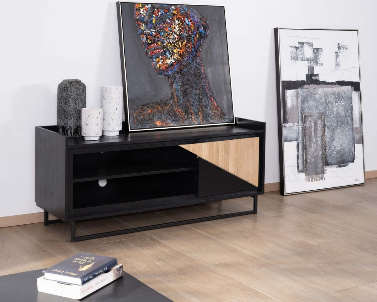 Black TV stand with storage, modern TV entertainment center, sleek design mid-century TV stand