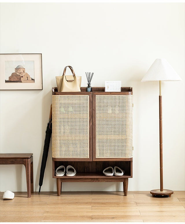 Shoe Cabinet Solid Walnut Cane Door - rattan cabinet